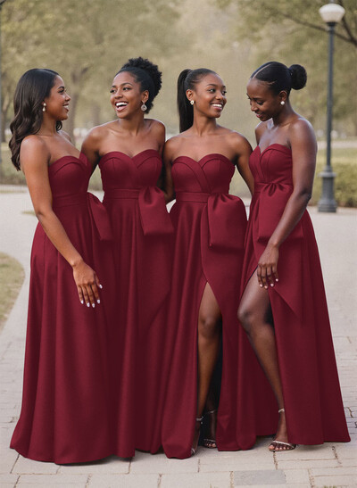 A-Line Sweetheart Sleeveless Satin Bridesmaid Dresses With Bow(s)/High Split