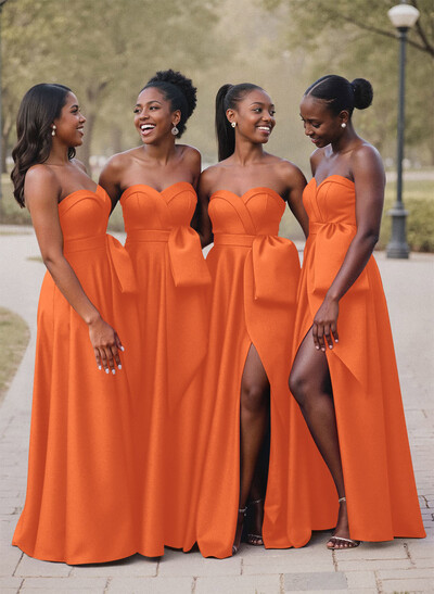 A-Line Sweetheart Sleeveless Satin Bridesmaid Dresses With Bow(s)/High Split