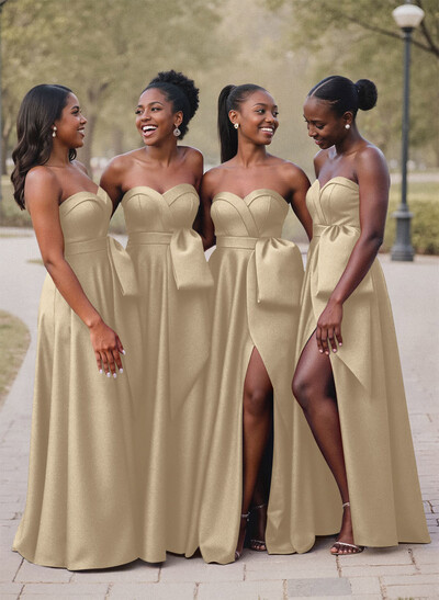 A-Line Sweetheart Sleeveless Satin Bridesmaid Dresses With Bow(s)/High Split