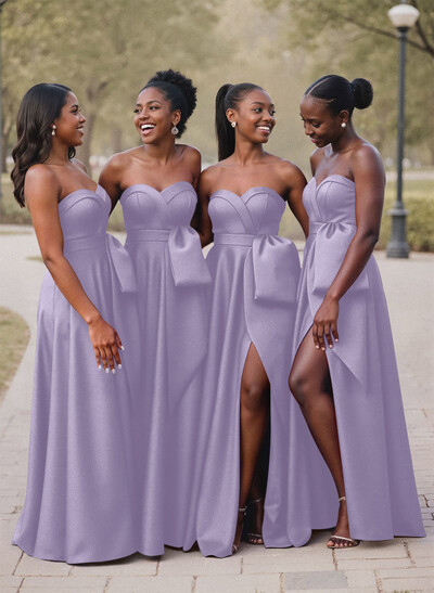 A-Line Sweetheart Sleeveless Satin Bridesmaid Dresses With Bow(s)/High Split