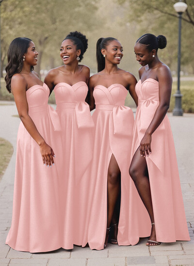 A-Line Sweetheart Sleeveless Satin Bridesmaid Dresses With Bow(s)/High Split