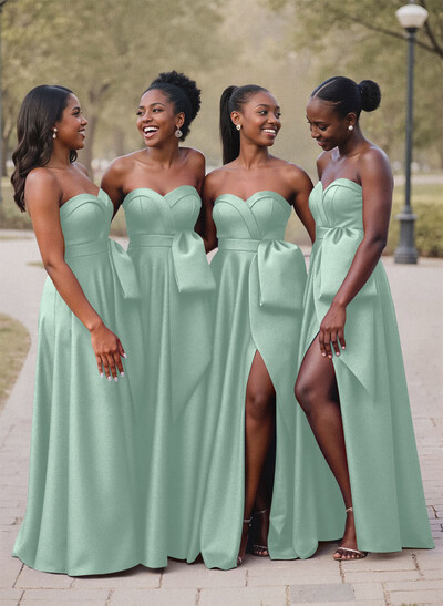 A-Line Sweetheart Sleeveless Satin Bridesmaid Dresses With Bow(s)/High Split