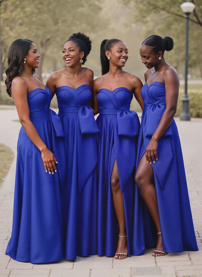A-Line Sweetheart Sleeveless Satin Bridesmaid Dresses With Bow(s)/High Split