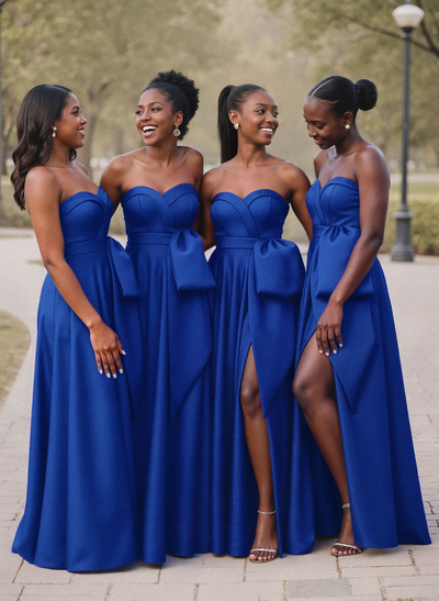 A-Line Sweetheart Sleeveless Satin Bridesmaid Dresses With Bow(s)/High Split