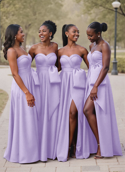 A-Line Sweetheart Sleeveless Satin Bridesmaid Dresses With Bow(s)/High Split