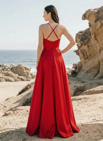 A-Line V-Neck Sleeveless Floor-Length Satin Bridesmaid Dresses With Split Front