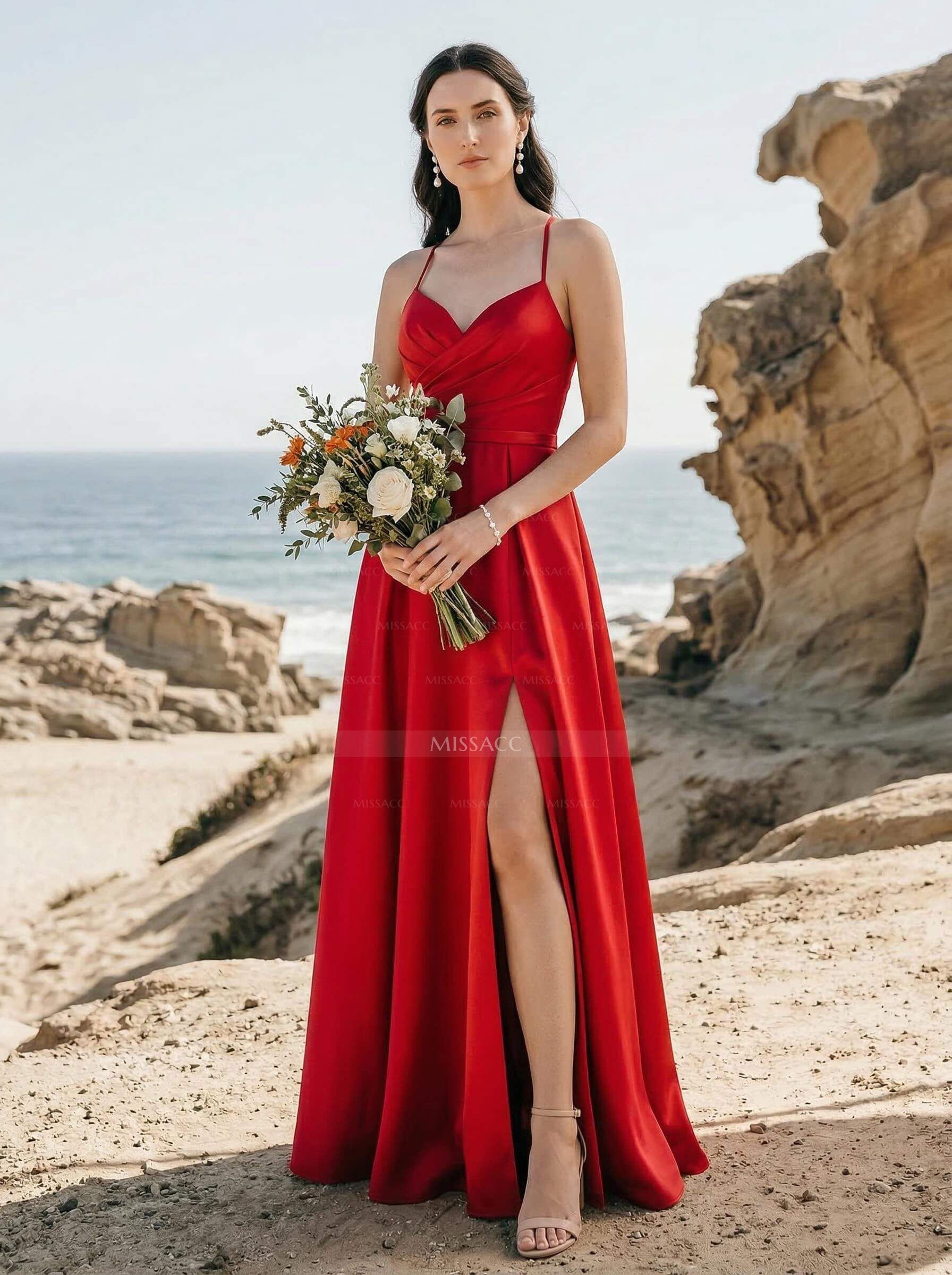 A-Line V-Neck Sleeveless Floor-Length Satin Bridesmaid Dresses With Split Front