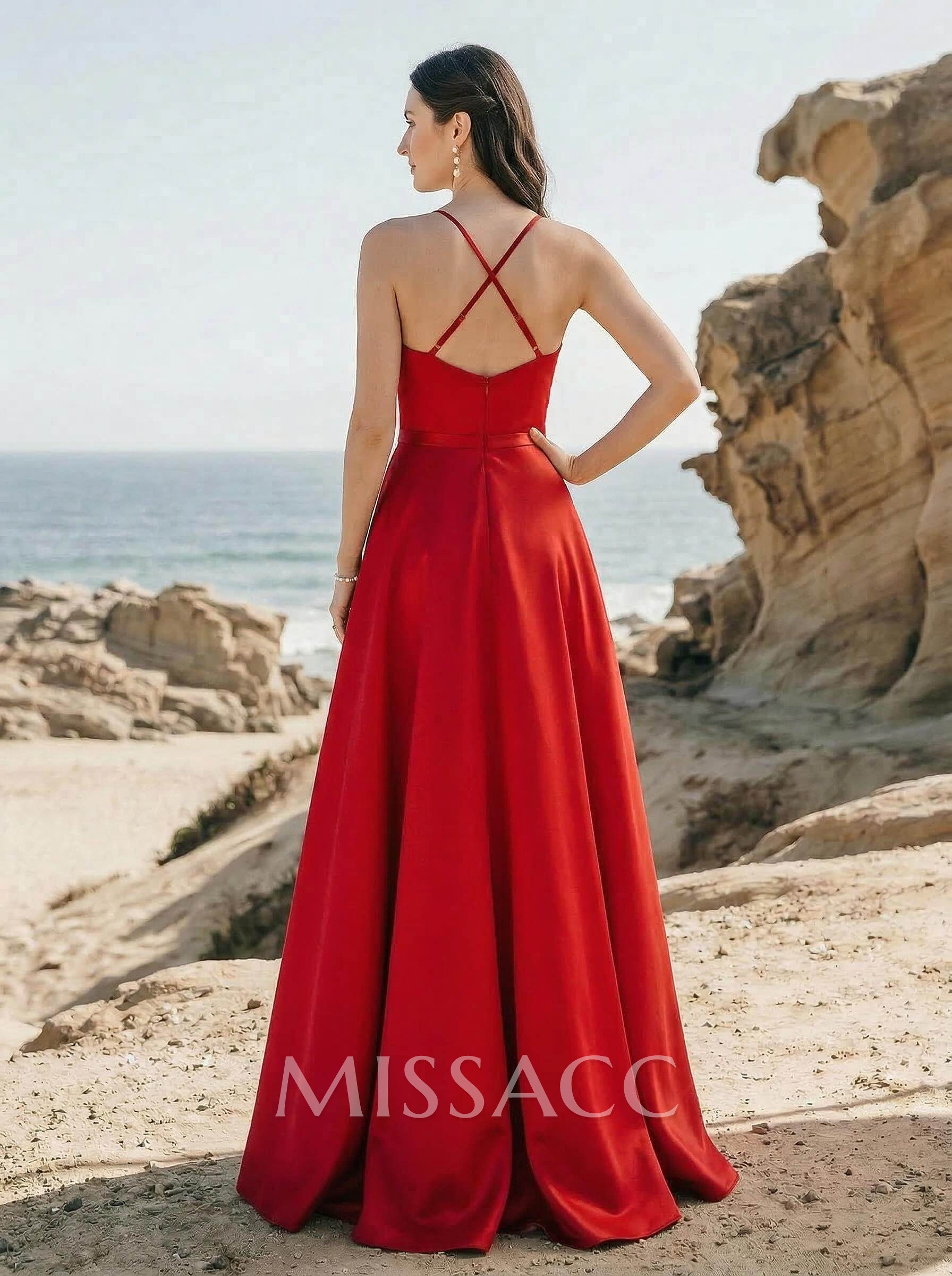 A-Line V-Neck Sleeveless Floor-Length Satin Bridesmaid Dresses With Split Front