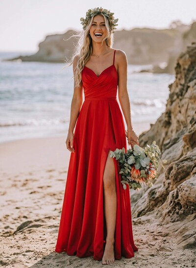 A-Line V-Neck Sleeveless Floor-Length Satin Bridesmaid Dresses With Split Front