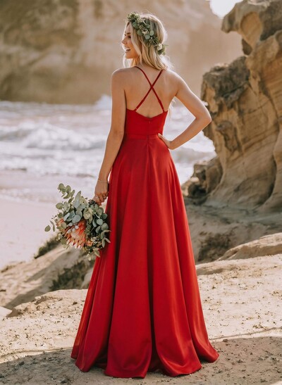 A-Line V-Neck Sleeveless Floor-Length Satin Bridesmaid Dresses With Split Front