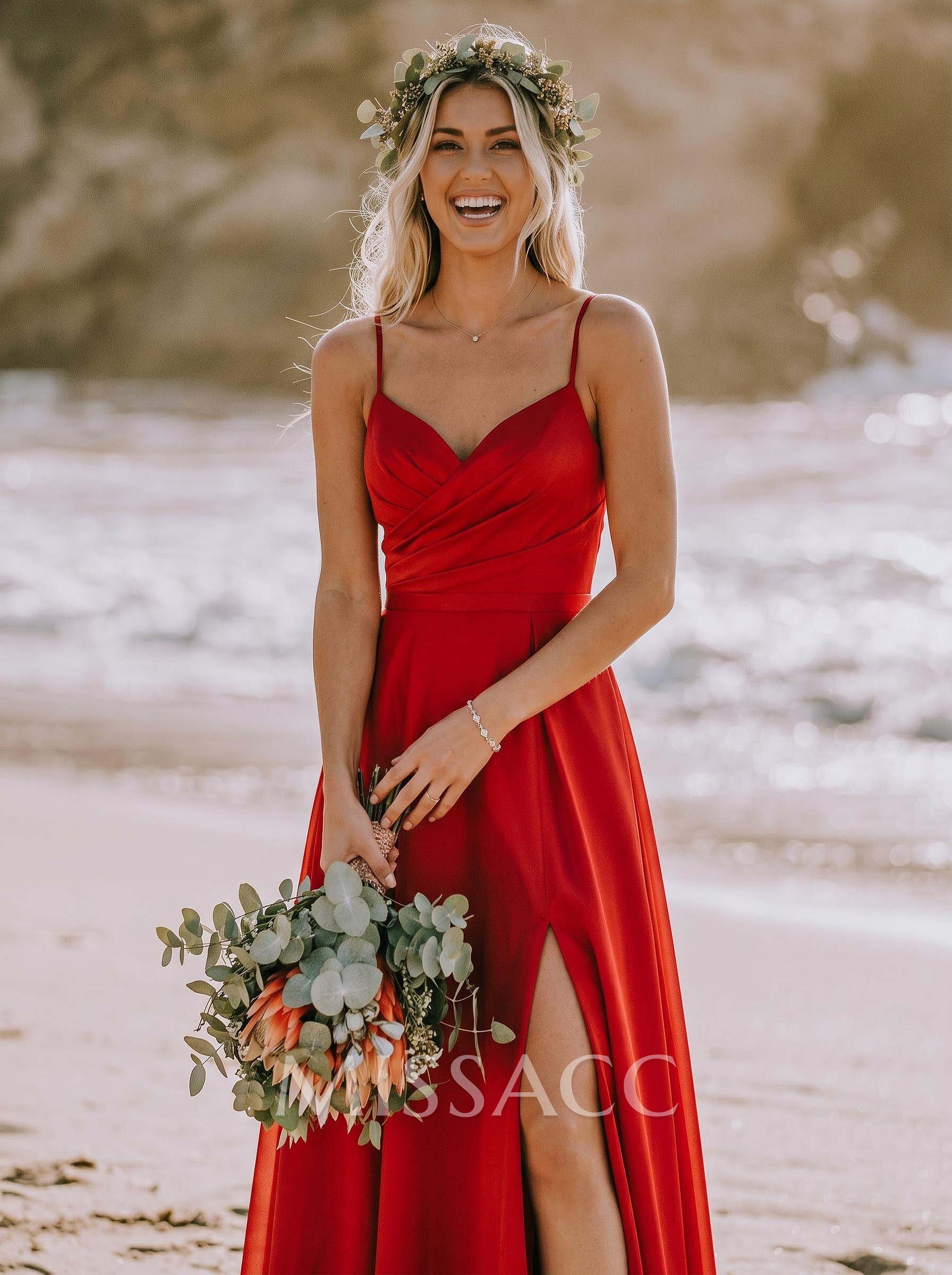 A-Line V-Neck Sleeveless Floor-Length Satin Bridesmaid Dresses With Split Front