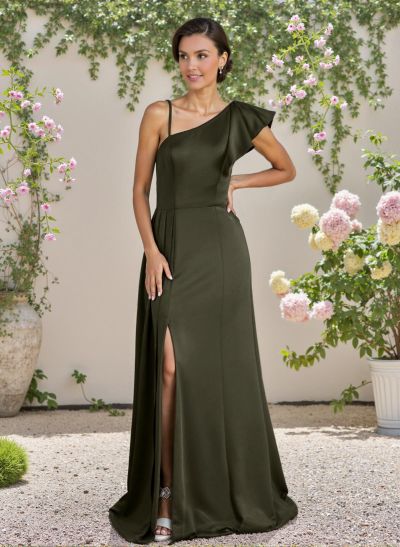 A-Line Asymmetrical Charmeuse Bridesmaid Dresses With Ruffle/High Split