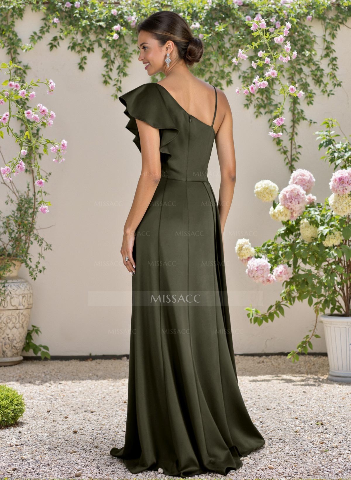 A-Line Asymmetrical Charmeuse Bridesmaid Dresses With Ruffle/High Split