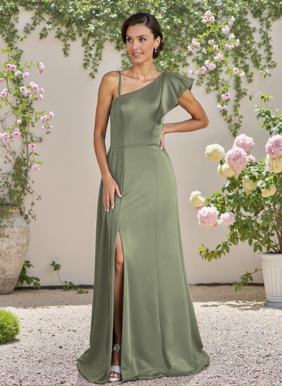 A-Line Asymmetrical Crepe Satin Bridesmaid Dresses With Ruffle/High Split
