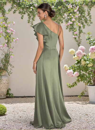 A-Line Asymmetrical Crepe Satin Bridesmaid Dresses With Ruffle/High Split