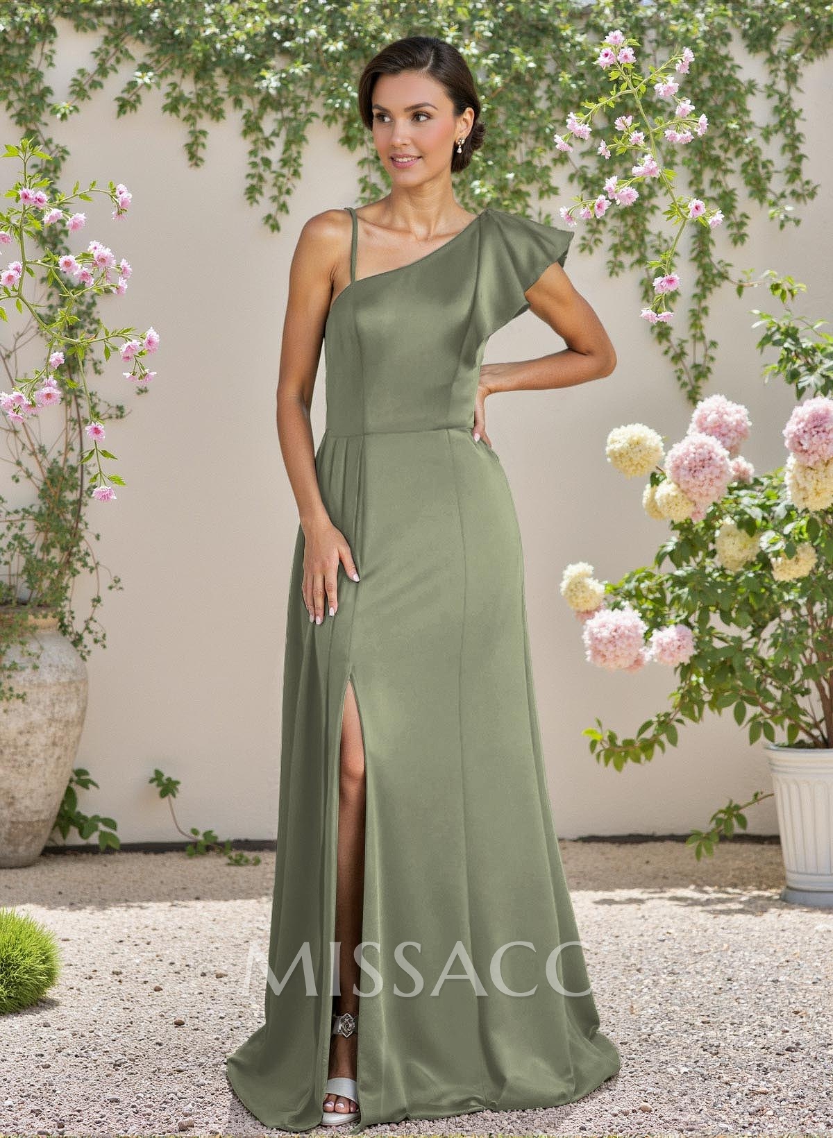 A-Line Asymmetrical Crepe Satin Bridesmaid Dresses With Ruffle/High Split A-Line Asymmetrical Crepe Satin Bridesmaid Dresses With Ruffle/High Split