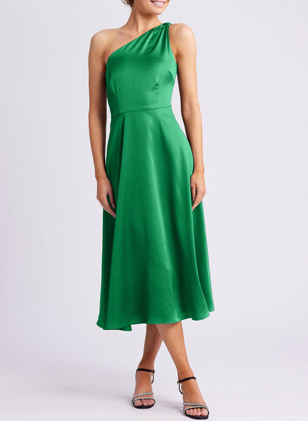 A-Line One-Shoulder Silk Like Satin Bridesmaid Dresses With Pockets