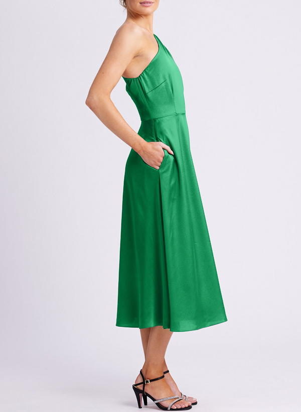 A-Line One-Shoulder Silk Like Satin Bridesmaid Dresses With Pockets