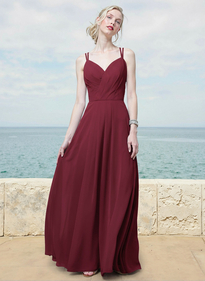 A-Line V-Neck Sleeveless Floor-Length Chiffon Bridesmaid Dresses