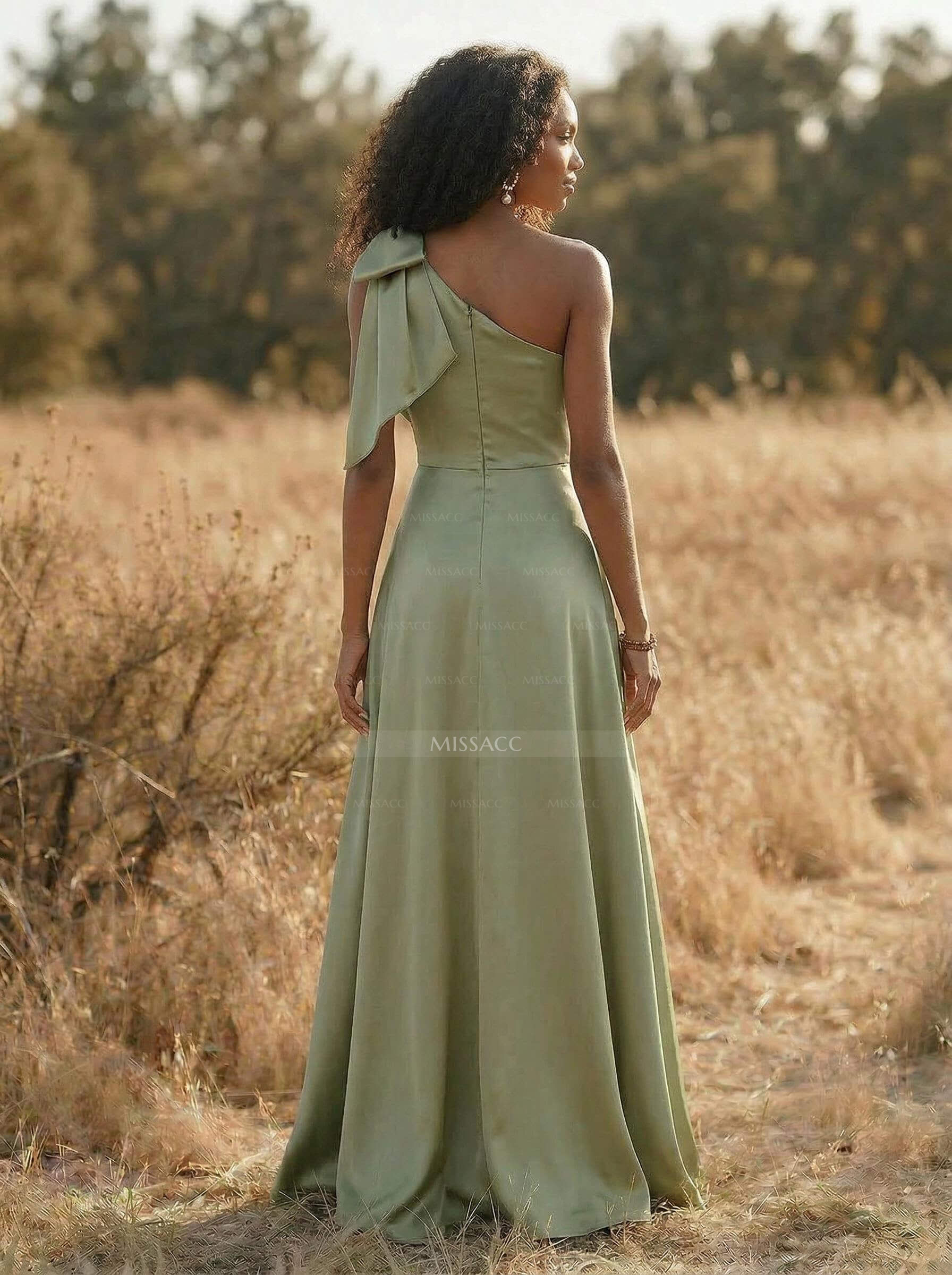 One-Shoulder A-Line Satin Bridesmaid Dresses With Bow(s)