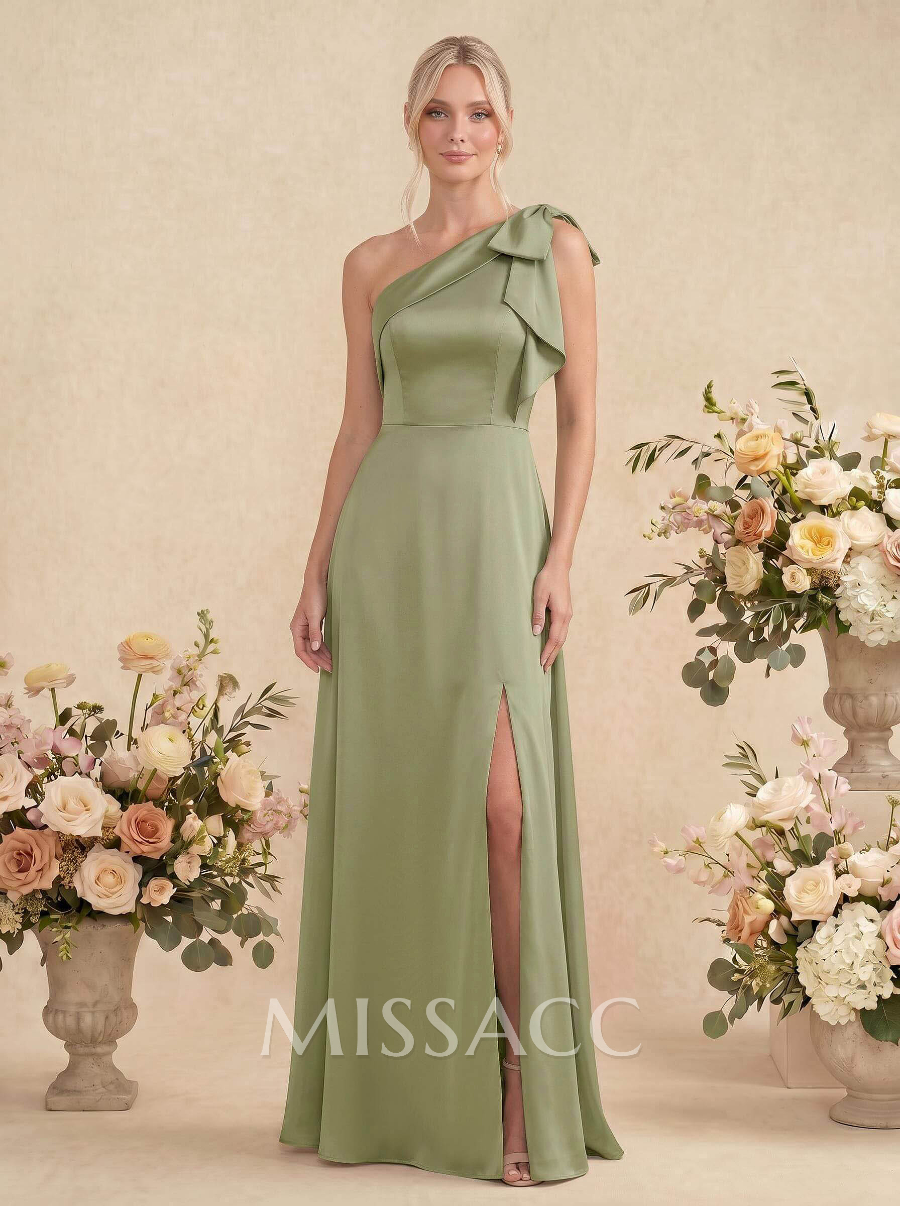 One-Shoulder A-Line Satin Bridesmaid Dresses With Bow(s)
