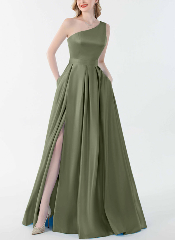 A-Line One-Shoulder Satin(Non-Stretch) Bridesmaid Dresses With High Split