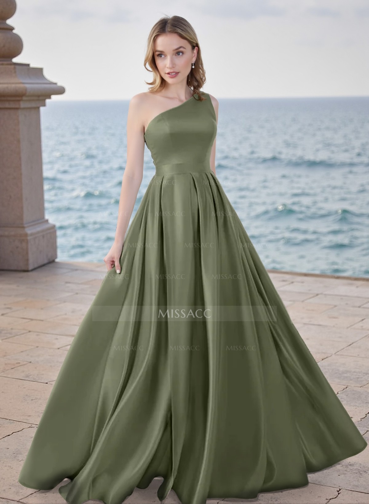 A-Line One-Shoulder Satin(Non-Stretch) Bridesmaid Dresses With High Split