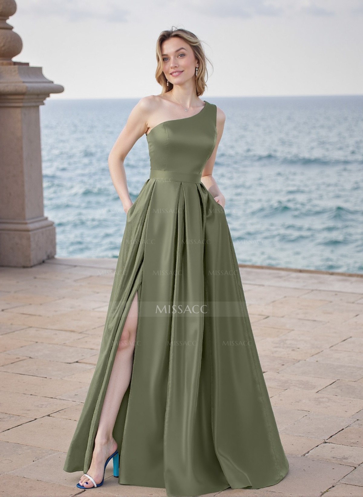 A-Line One-Shoulder Satin(Non-Stretch) Bridesmaid Dresses With High Split