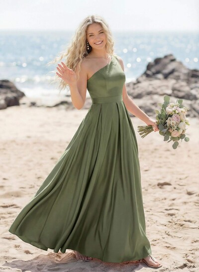 A-Line One-Shoulder Acetate Satin Bridesmaid Dresses With High Split