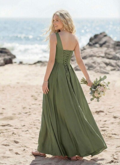 A-Line One-Shoulder Acetate Satin Bridesmaid Dresses With High Split