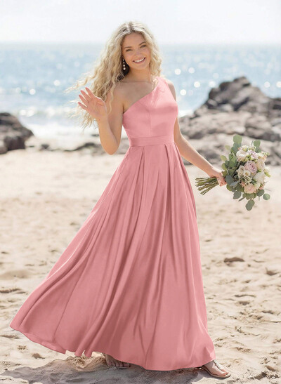 A-Line One-Shoulder Acetate Satin Bridesmaid Dresses With High Split