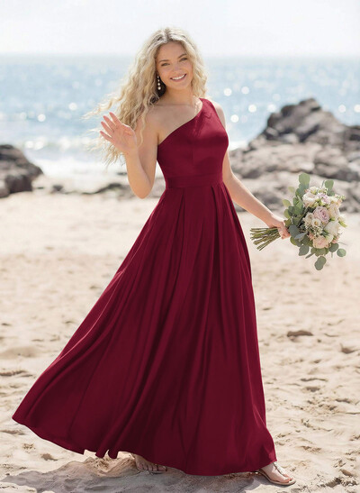 A-Line One-Shoulder Acetate Satin Bridesmaid Dresses With High Split