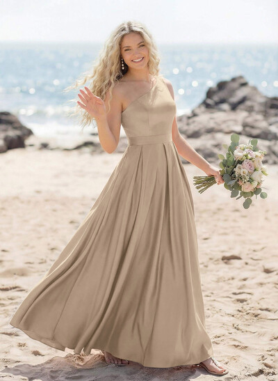 A-Line One-Shoulder Acetate Satin Bridesmaid Dresses With High Split