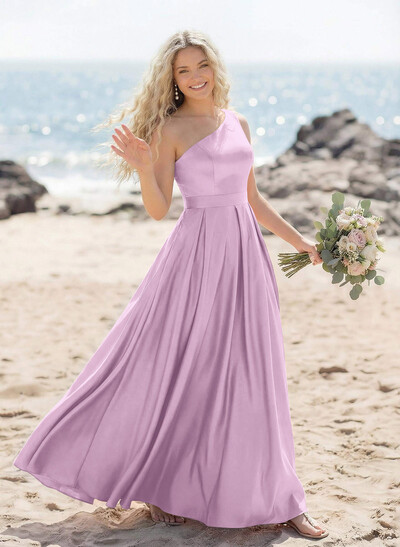 A-Line One-Shoulder Acetate Satin Bridesmaid Dresses With High Split