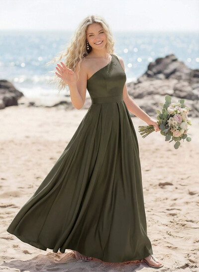A-Line One-Shoulder Acetate Satin Bridesmaid Dresses With High Split