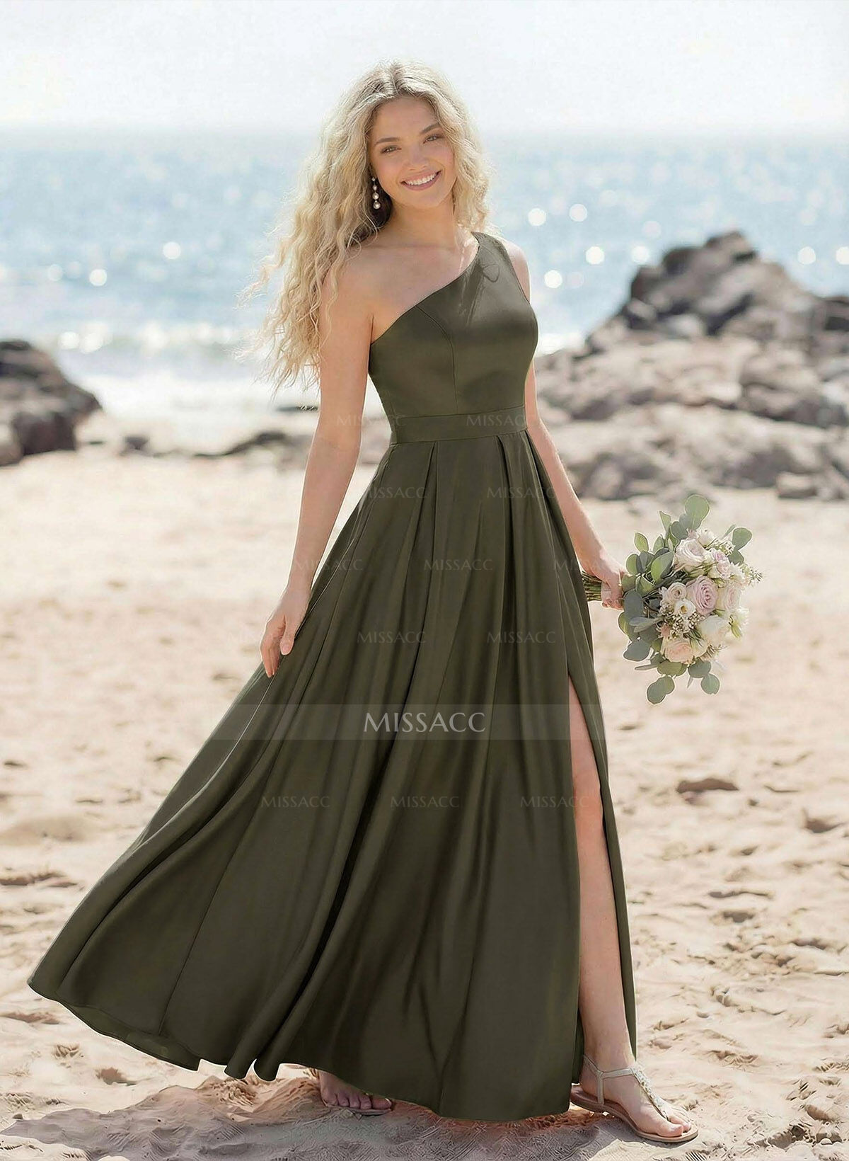 A-Line One-Shoulder Acetate Satin Bridesmaid Dresses With High Split
