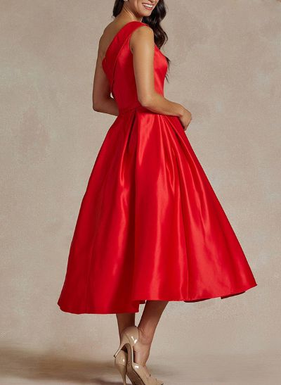 A-Line One-Shoulder Sleeveless Satin(Non-Stretch) Bridesmaid Dresses