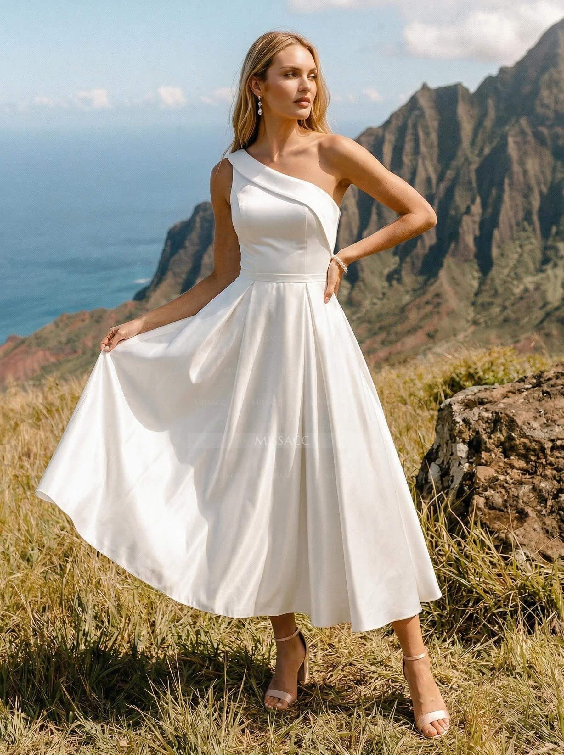 A-Line One-Shoulder Sleeveless Satin(Non-Stretch) Bridesmaid Dresses