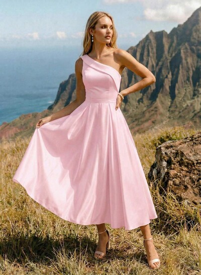 A-Line One-Shoulder Sleeveless Satin(Non-Stretch) Bridesmaid Dresses