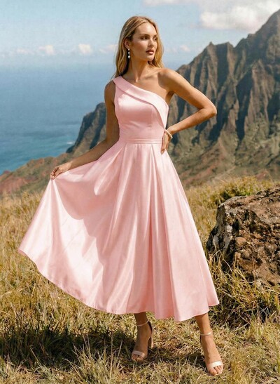 A-Line One-Shoulder Sleeveless Satin(Non-Stretch) Bridesmaid Dresses
