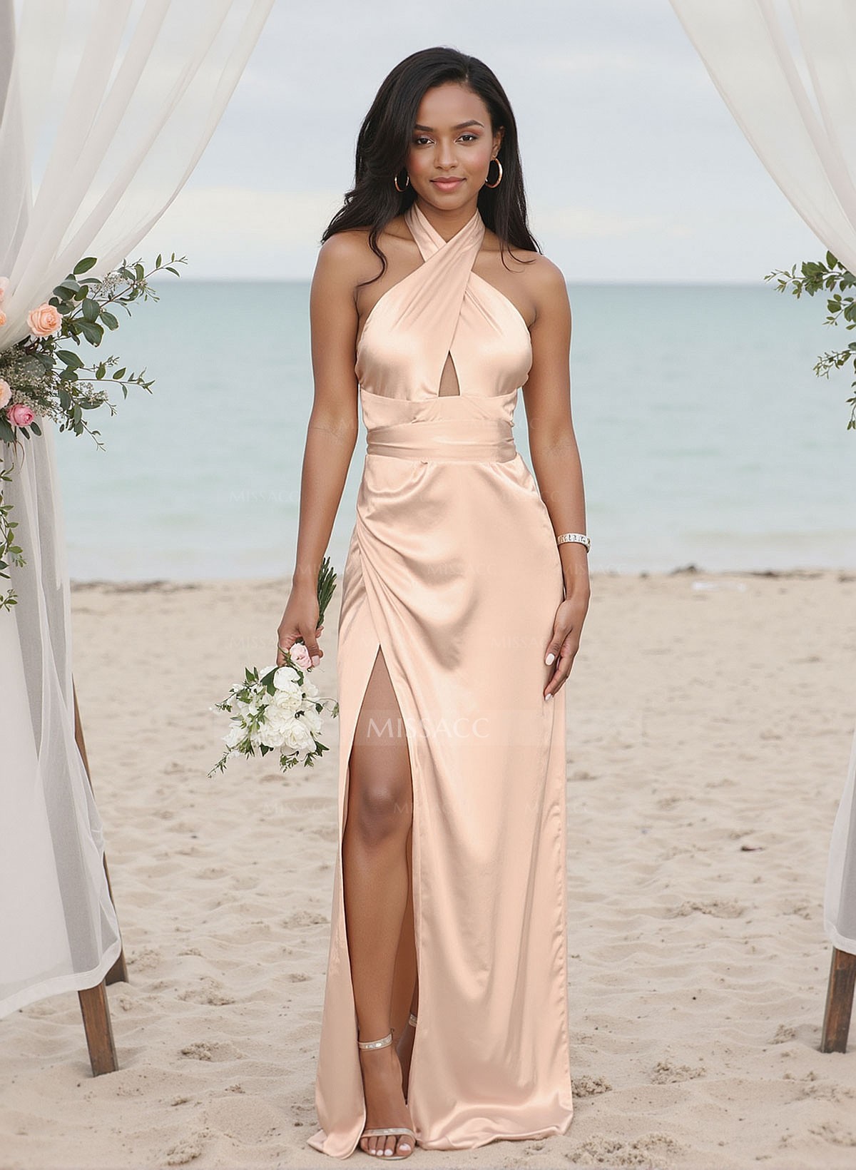 Sheath/Column Silk Like Satin(Non-Stretch) Bridesmaid Dresses With Back Hole