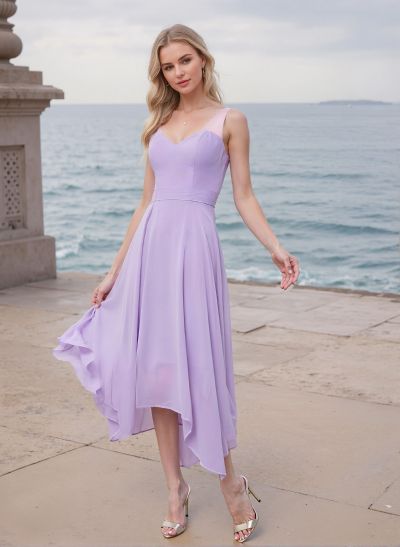 A-Line V-Neck Sleeveless Tea-Length Chiffon(Non-Stretch)