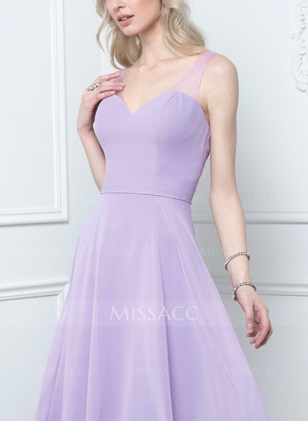 A-Line V-Neck Sleeveless Tea-Length Chiffon(Non-Stretch)