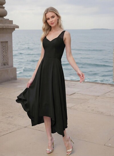 A-Line V-Neck Sleeveless Tea-Length Chiffon(Non-Stretch)