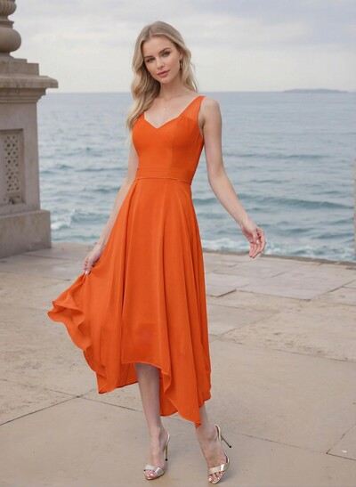 A-Line V-Neck Sleeveless Tea-Length Chiffon(Non-Stretch)