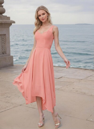 A-Line V-Neck Sleeveless Tea-Length Chiffon(Non-Stretch)