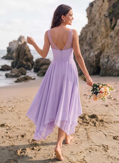A-Line V-Neck Sleeveless Tea-Length Chiffon(Non-Stretch)