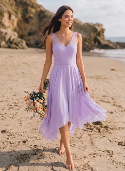 A-Line V-Neck Sleeveless Tea-Length Chiffon(Non-Stretch)
