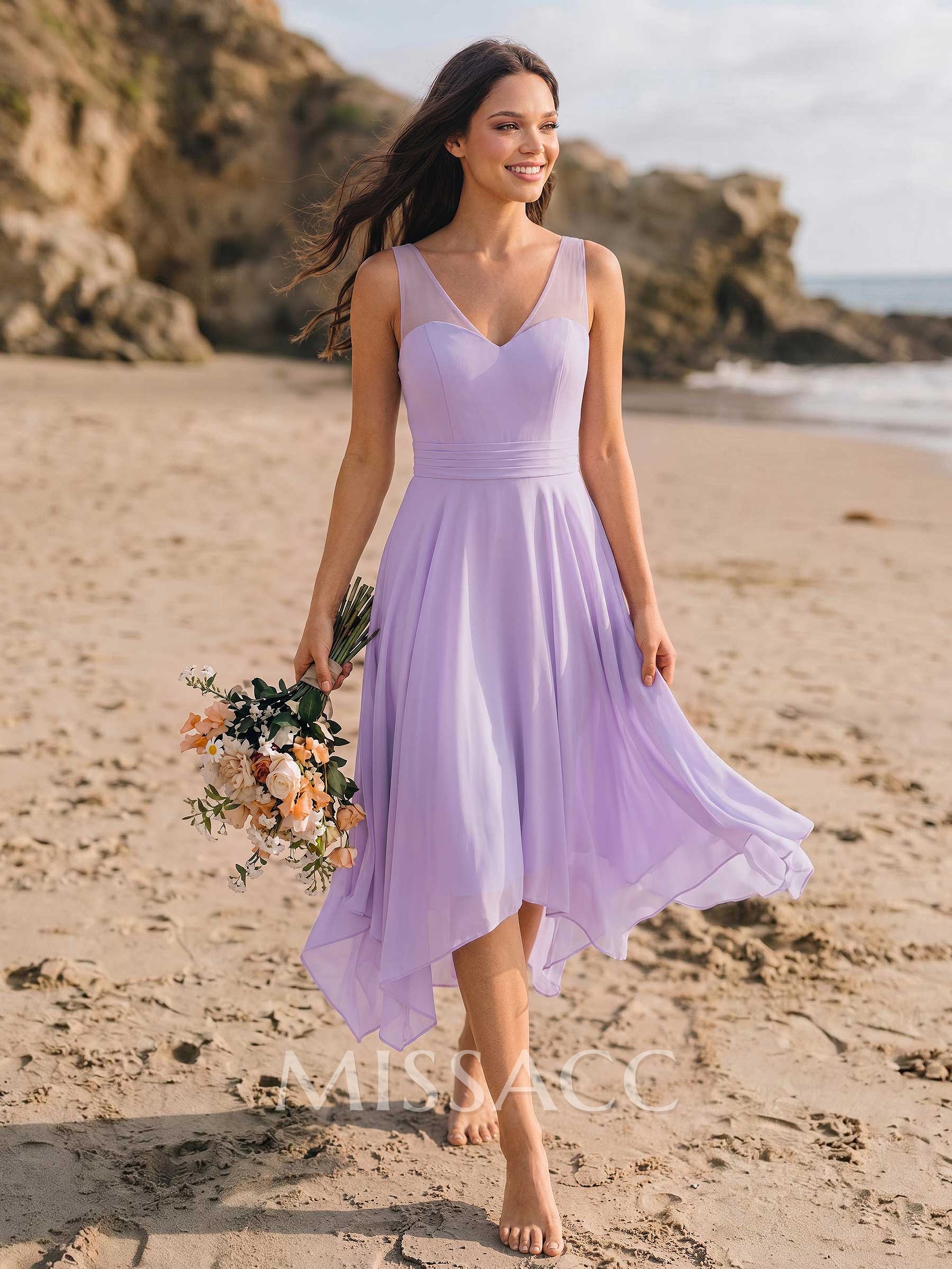 A-Line V-Neck Sleeveless Tea-Length Chiffon(Non-Stretch) A-Line V-Neck Sleeveless Tea-Length Chiffon(Non-Stretch)