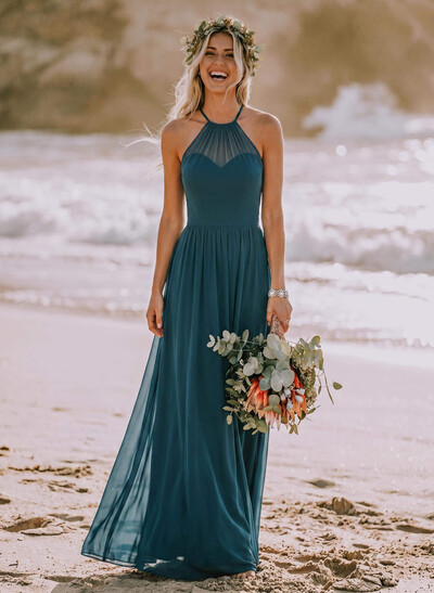 A-Line Halter Sleeveless Chiffon(Non-Stretch) Bridesmaid Dresses
